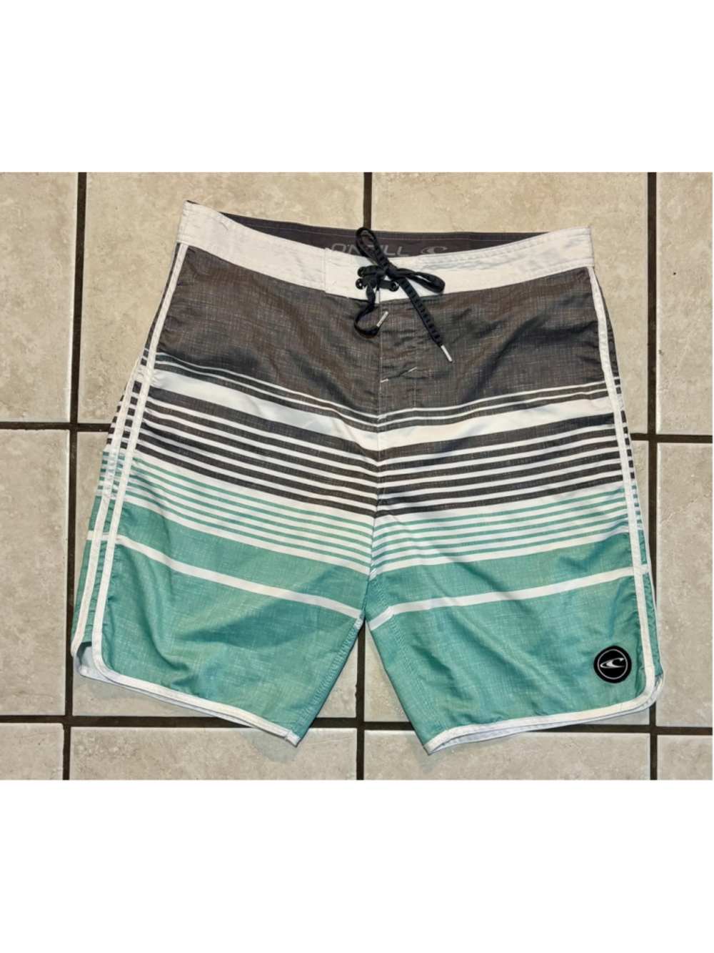 ONeill Swim Trunks Mens Size 34 Gray and Teal Stripes All Over Print Pocket